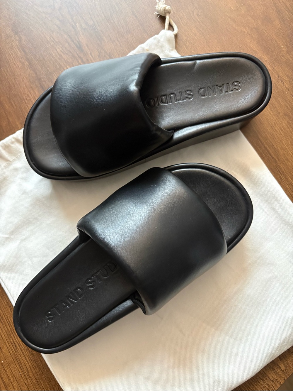 Stand Studio Black Padded Leather Slide Sandals